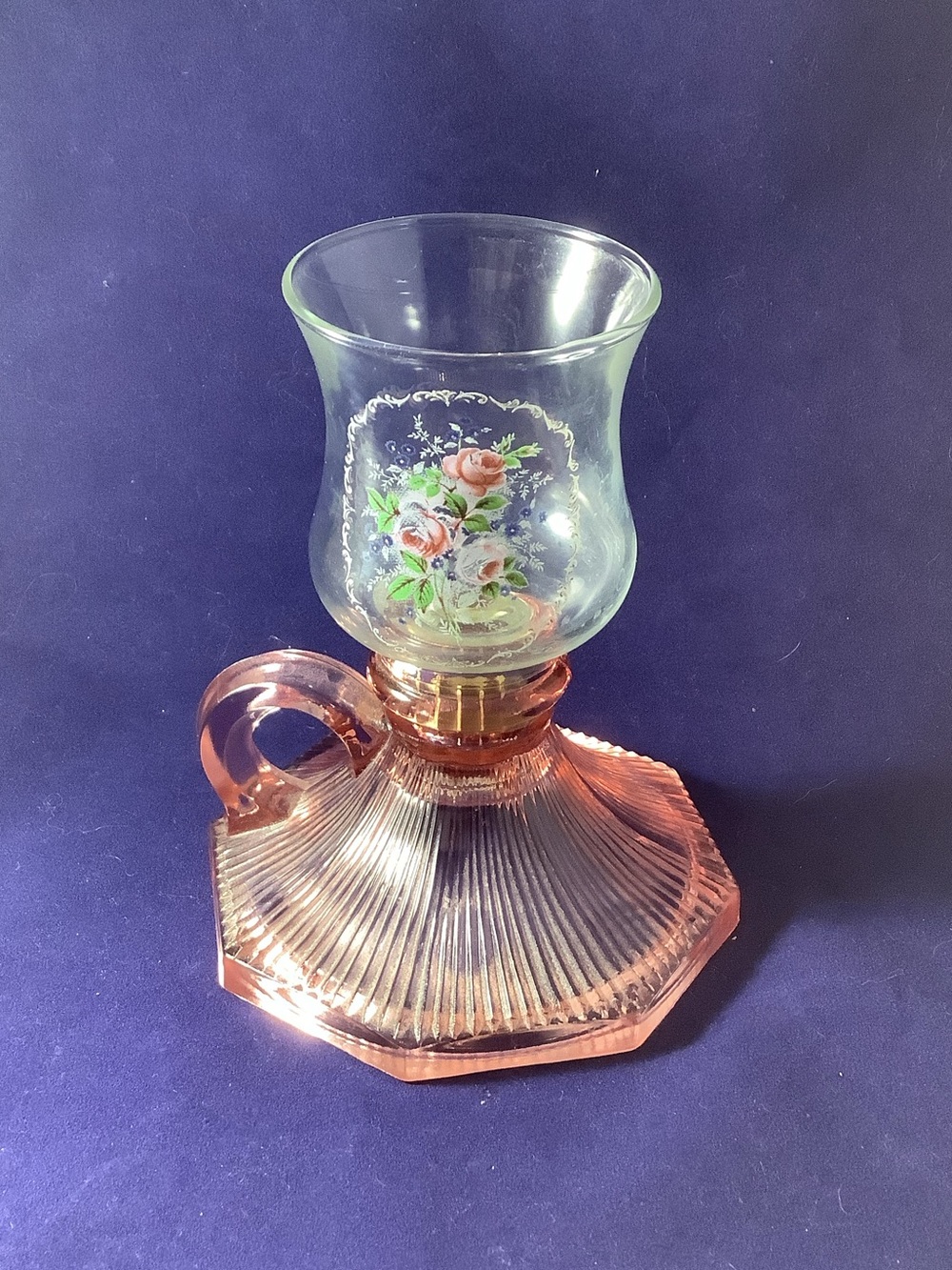 Pink Glass Candle Holder with Floral Detail